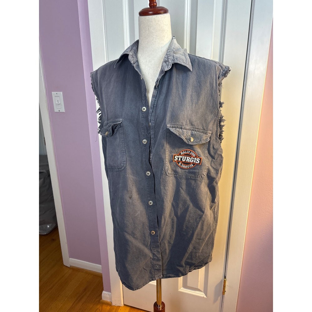 Biker Design Vintage Sturgis Rally 2000 Sleeveless Button Down Shirt Grey Large